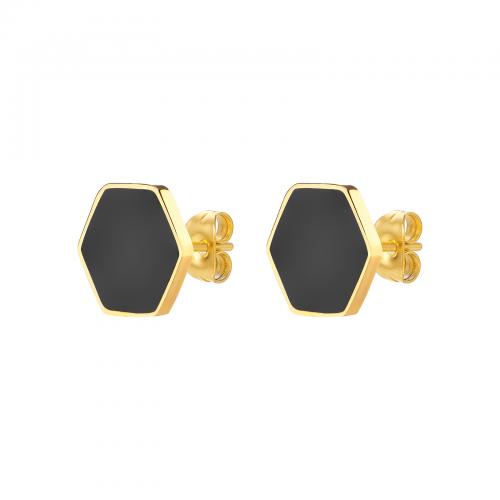 Stainless Steel Stud Earrings, 304 Stainless Steel, Hexagon, gold color plated, fashion jewelry & for woman & enamel, nickel, lead & cadmium free, 12.40x13.50mm, Sold By PC