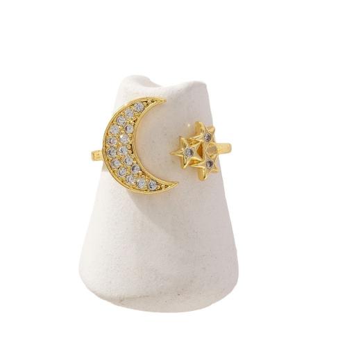 Cubic Zirconia Micro Pave Brass Ring, Moon and Star, real gold plated, micro pave cubic zirconia & for woman, more colors for choice, Sold By PC