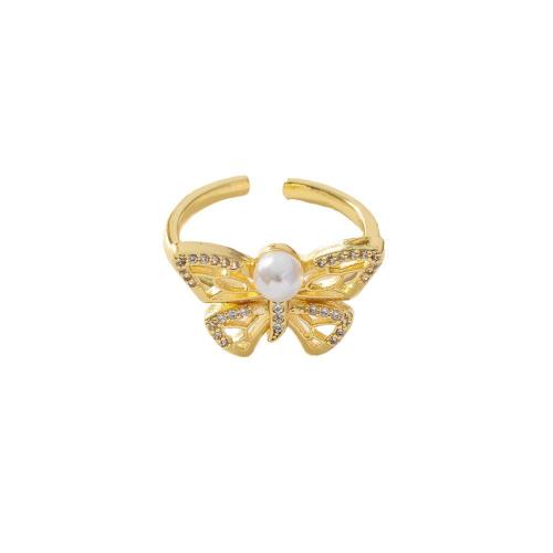 Cubic Zirconia Micro Pave Brass Ring with Plastic Pearl Butterfly real gold plated micro pave cubic zirconia & for woman Sold By PC
