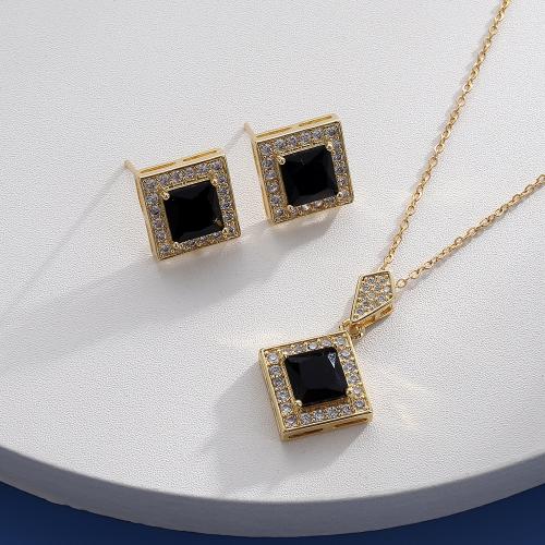 Brass Jewelry Set Stud Earring & necklace real gold plated micro pave cubic zirconia & for woman Sold By Set