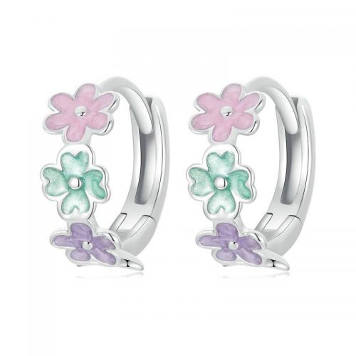 925 Sterling Silver Hoop Earrings, Flower, platinum plated, fashion jewelry & for woman & enamel, multi-colored, nickel, lead & cadmium free, 11x4mm, Sold By Pair