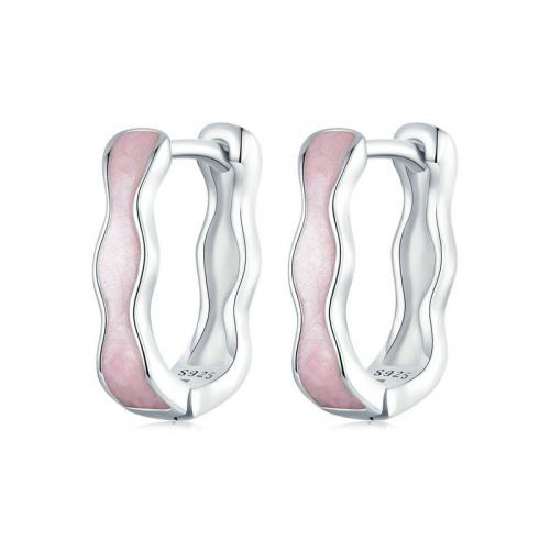 925 Sterling Silver Hoop Earrings, platinum plated, fashion jewelry & for woman & enamel, pink, nickel, lead & cadmium free, 13x3mm, Inner Diameter:Approx 10mm, Sold By Pair