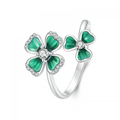 Cubic Zirconia Micro Pave 925 Sterling Silver Rings Four Leaf Clover platinum plated fashion jewelry & micro pave cubic zirconia & for woman & enamel nickel lead & cadmium free 1.70mm Sold By PC