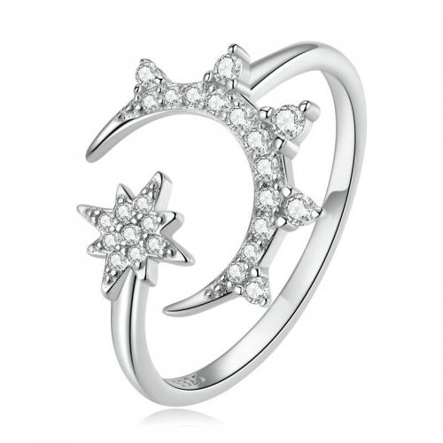 Cubic Zirconia Micro Pave 925 Sterling Silver Rings Moon and Star platinum plated fashion jewelry & micro pave cubic zirconia & for woman nickel lead & cadmium free 2mm Sold By PC