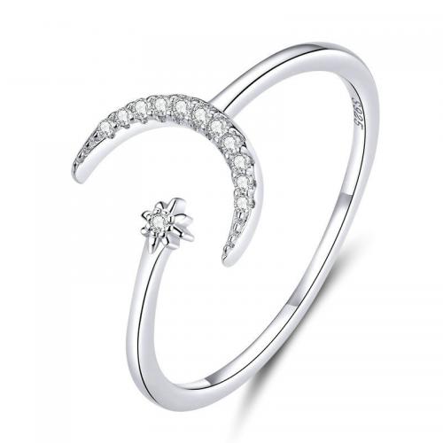 Cubic Zirconia Micro Pave 925 Sterling Silver Rings Moon and Star platinum plated fashion jewelry & micro pave cubic zirconia & for woman nickel lead & cadmium free 1mm Sold By PC