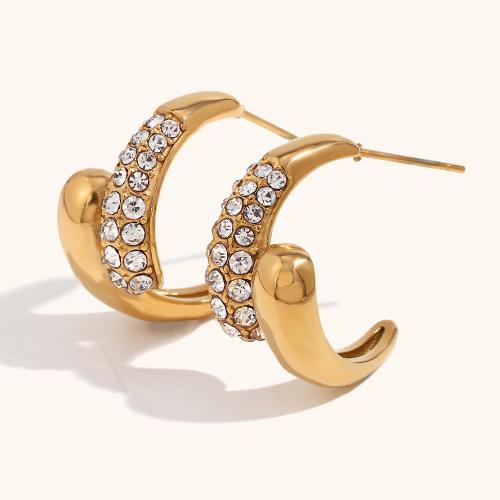 Stainless Steel Stud Earrings, 316L Stainless Steel, 18K gold plated, fashion jewelry & for woman & with rhinestone, golden, 13x23.30mm, Sold By Pair