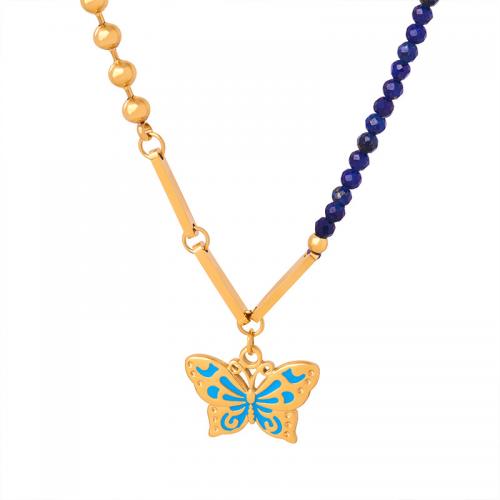 Titanstahl Halskette, mit Naturstein, mit Verlängerungskettchen von 5cm, Schmetterling, Modeschmuck & für Frau, goldfarben, 20x13mm, Länge ca. 38 cm, verkauft von Paar