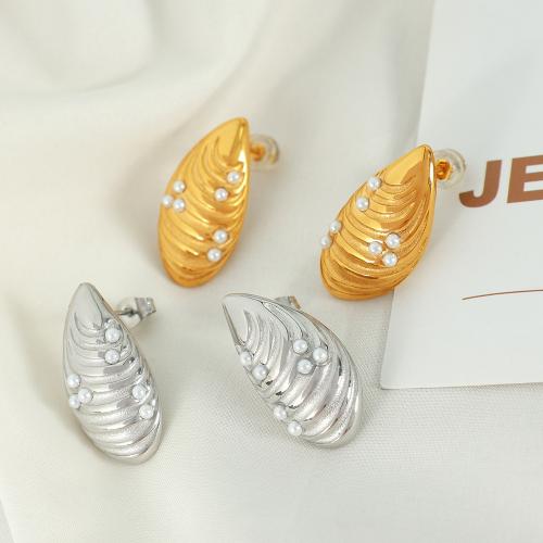 Titanium Steel  Earring with Plastic Pearl Shell Vacuum Ion Plating fashion jewelry & for woman Sold By Pair