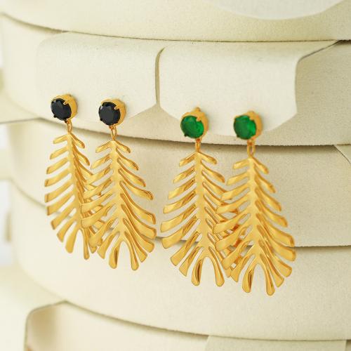 Titanium Steel  Earring, Feather, fashion jewelry & micro pave cubic zirconia & for woman, more colors for choice, 22x46mm, Sold By Pair