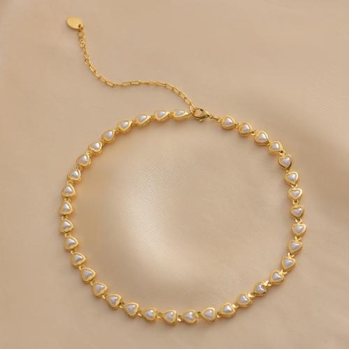 Titanium Steel Necklace, with Plastic Pearl, with 5CM extender chain, Heart, gold color plated, fashion jewelry & for woman, white, Length:30 cm, Sold By PC
