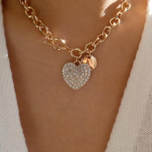 Zinc Alloy smykker halskæde, med Jern, Heart, forgyldt, mode smykker & for kvinde & med rhinestone, flere farver til valg, nikkel, bly & cadmium fri, Solgt af par