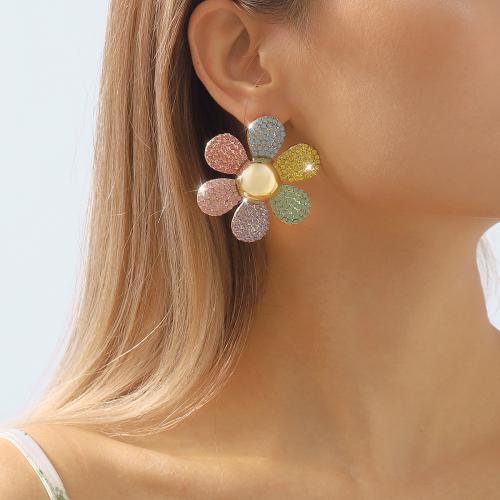 Zinc Alloy Stud Earring Flower plated fashion jewelry & for woman & with rhinestone nickel lead & cadmium free Sold By Pair