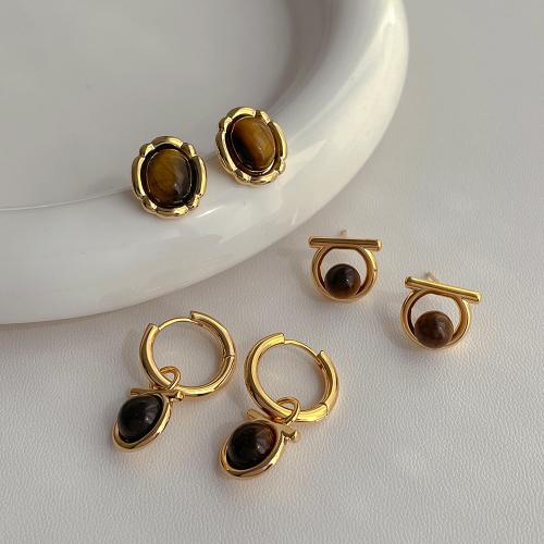 Brass Drop Earring, with Tiger Eye, plated, fashion jewelry & different designs for choice, gold, nickel, lead & cadmium free, Sold By Pair