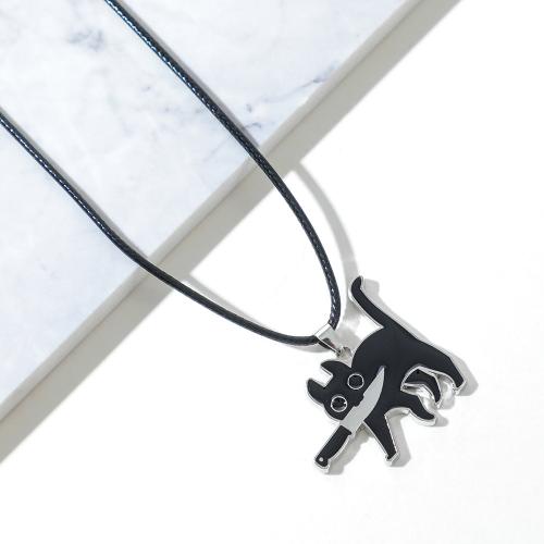 Zinc Alloy Jewelry Necklace with leather cord with 5cm extender chain Cat plated fashion jewelry & enamel silver color nickel lead & cadmium free Length 45 cm Sold By PC