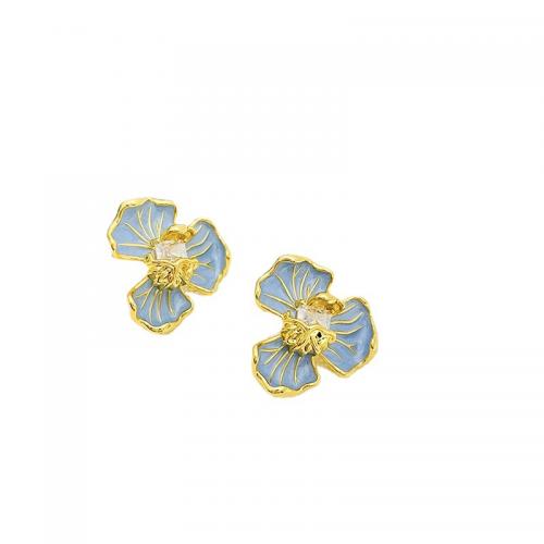 Brass Stud Earring Flower 18K gold plated fashion jewelry & for woman & enamel skyblue nickel lead & cadmium free Sold By Pair
