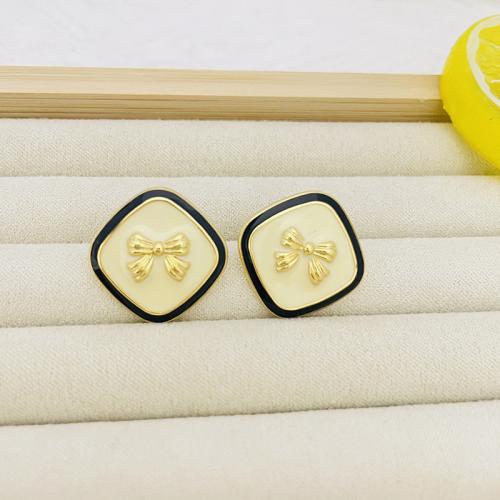 Brass Stud Earring, Square, 18K gold plated, fashion jewelry & for woman & enamel, white, nickel, lead & cadmium free, 21x21mm, Sold By Pair