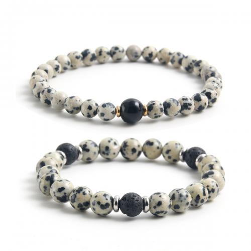Gemstone Bracelets 304 Stainless Steel with Obsidian & Lava & Dalmatian handmade white and black Sold By PC