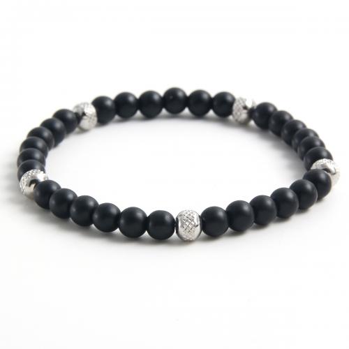 Gemstone Bracelets, 304 Stainless Steel, with Abrazine Stone & Elastic Thread & Agate, handmade, Unisex, black, Length:Approx 18 cm, Sold By PC
