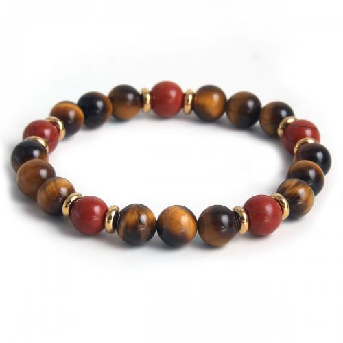 Gemstone Bracelets 304 Stainless Steel with Red Turquoise & Tiger Eye plated Unisex brown Length Approx 18 cm Sold By PC