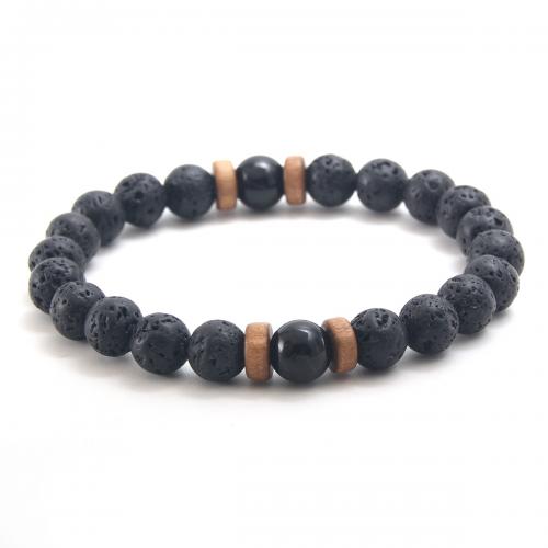 Gemstone Bracelets, Lava, with Obsidian & Wood, plated, Unisex, black, Length:Approx 20 cm, Sold By PC