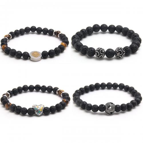 Gemstone Bracelets, 304 Stainless Steel, with Obsidian & Lava, plated, Unisex & different styles for choice & enamel, black, Length:Approx 18 cm, Sold By PC