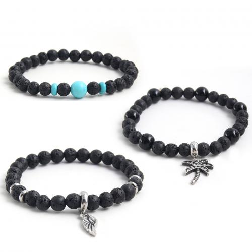 Gemstone Bracelets 304 Stainless Steel with turquoise & Lava plated Unisex & micro pave cubic zirconia black Length Approx 18 cm Sold By PC