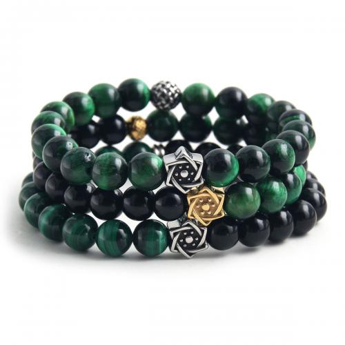 Natural Tiger Eye Bracelets 304 Stainless Steel with Tiger Eye plated Unisex green Length Approx 19 cm Sold By PC