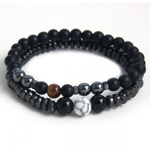 Gemstone Bracelets 304 Stainless Steel with Abrazine Stone & Tiger Eye & Hematite plated Unisex black Length Approx 18 cm Sold By PC