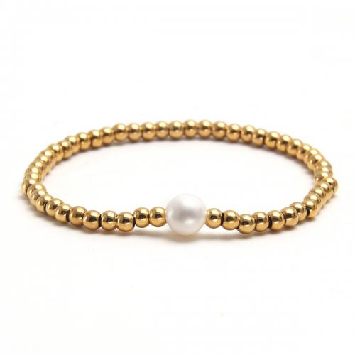 Bijoux bracelet en acier inoxydable, Acier inoxydable 304, avec perle de plastique, Placage, pour femme, doré, Longueur Environ 17.2 cm, Vendu par PC