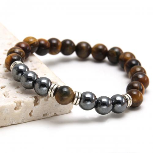 Gemstone Bracelets 304 Stainless Steel with Lava & Grain Stone & Tiger Eye polished Unisex brown Length Approx 19 cm Sold By PC