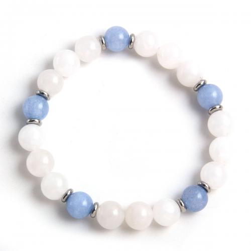 Stainless Steel Jewelry Bracelet, 304 Stainless Steel, with White Chalcedony & Elastic Thread & Aquamarine, plated, Unisex, white, Length:Approx 18 cm, Sold By PC