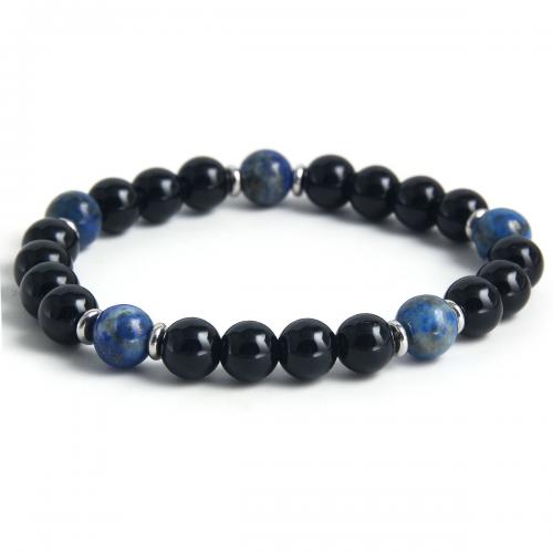 Gemstone Bracelets, 304 Stainless Steel, with Obsidian & Lapis Lazuli, plated, Unisex, black, Length:Approx 19 cm, Sold By PC