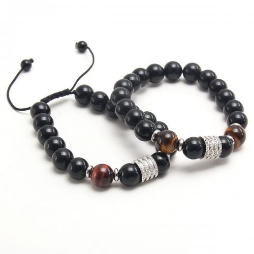 Gemstone Bracelets 304 Stainless Steel with Glass Beads & Wax Cord & Tiger Eye with 5CM extender chain plated Unisex black Length Approx 18 cm Sold By PC