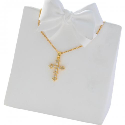 Cubic Zircon Micro Pave Brass Necklace, Cross, real gold plated, micro pave cubic zirconia & for woman, golden, Sold By PC