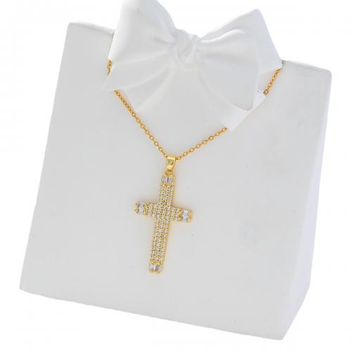 Collier en laiton cubique Zircon Micro Pave, croix, Plaqué d'or, pavé de micro zircon & pour femme, doré, Vendu par PC