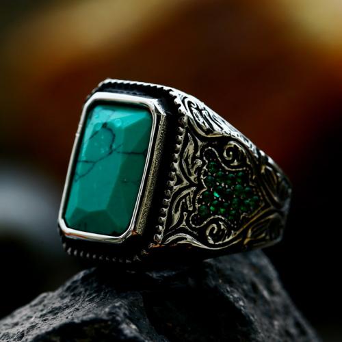 Titanium Steel Finger Ring, with turquoise, Geometrical Pattern, polished, vintage & different size for choice & for man & with rhinestone & blacken, original color, US Ring Size:7-13, Sold By PC