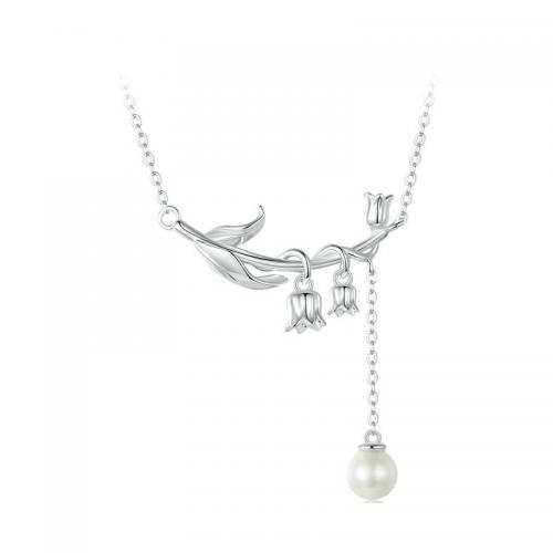 925 Sterling Silver Necklaces, with Shell Pearl, with 5cm extender chain, Flower, platinum plated, fashion jewelry & for woman, nickel, lead & cadmium free, Length:Approx 38 cm, Sold By PC