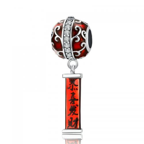 925 Sterling Silver Beads Lantern DIY & micro pave cubic zirconia & enamel red nickel lead & cadmium free Sold By PC