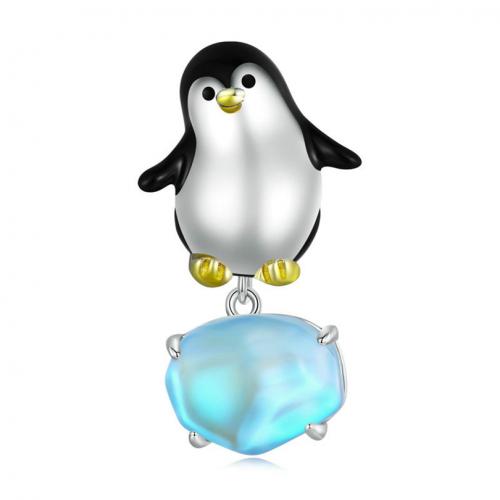 925 Sterling Silver Beads with Crystal Penguin platinum plated DIY & enamel nickel lead & cadmium free Sold By PC