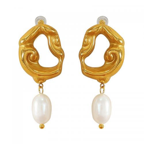 Titanium Steel  Earring, with Freshwater Pearl, 18K gold plated, fashion jewelry & for woman, golden, 17x40mm, Sold By Pair