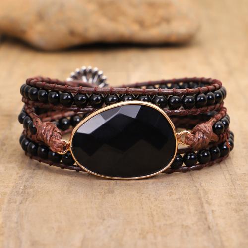 Bracelet châle , agate noire, avec cordon en cuir, bijoux de mode & multicouche & unisexe, Longueur:Environ 53-60 cm, Vendu par PC