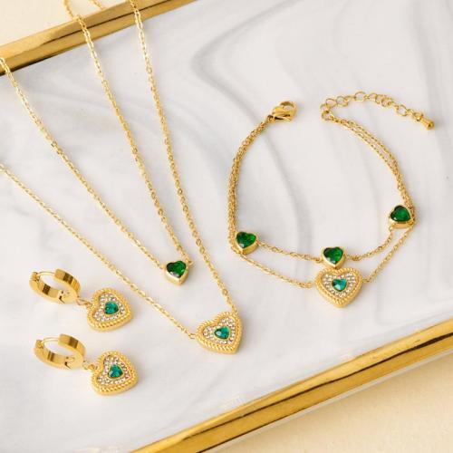 Jewelry Sets Titanium Steel Heart Double Layer & for woman & with rhinestone golden Sold By PC