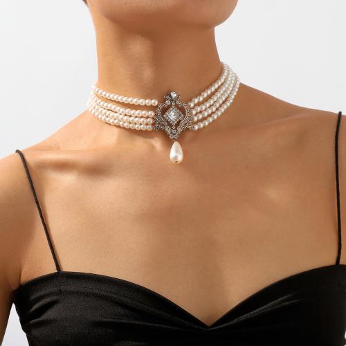 Tibetan Style Jewelry Necklace, with Plastic Pearl, silver color plated, fashion jewelry & multilayer & for woman & with rhinestone, more colors for choice, nickel, lead & cadmium free, Sold By PC
