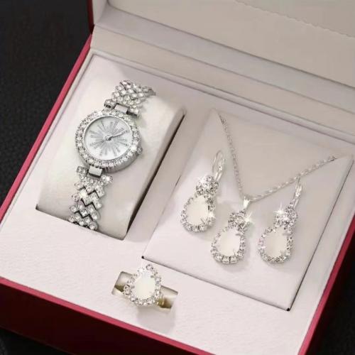 Zinc Alloy Jewelry Sets watch & finger ring & earring & necklace Teardrop silver color plated 4 pieces & for woman & with rhinestone nickel lead & cadmium free Sold By Set