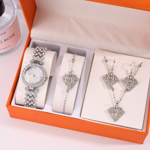 Tibetan Style Jewelry Sets, watch & bracelet & earring & necklace, Diamond Shape, silver color plated, 4 pieces & different styles for choice & for woman & with rhinestone, nickel, lead & cadmium free, 165x70x110mm, Sold By Set