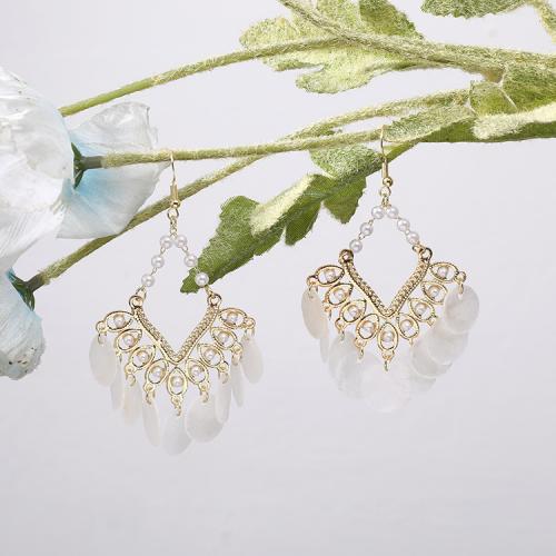 Tibetan Style Drop Earrings, with Shell, plated, fashion jewelry, golden, nickel, lead & cadmium free, 87x50mm, Sold By PC