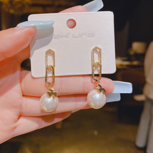 Zinc Alloy Drop Earrings with ABS Plastic Pearl plated fashion jewelry golden nickel lead & cadmium free Sold By Pair