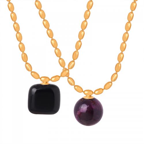 Titanium Steel Necklace with Natural Stone & Agate gold color plated fashion jewelry & for woman nickel lead & cadmium free Length Approx 46 cm Sold By PC