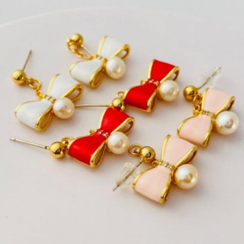 Brass Stud Earring with Plastic Pearl Bowknot 18K gold plated fashion jewelry & for woman & enamel nickel lead & cadmium free Sold By Pair