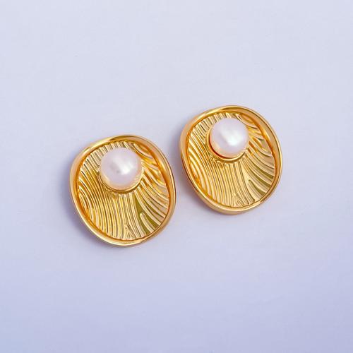 Brass Stud Earring with Freshwater Pearl 18K gold plated fashion jewelry & for woman nickel lead & cadmium free Sold By Pair